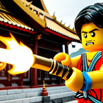 ** A close-up of Kai learning to control his fire, surrounded by ancient Thai-style temples, blending Ninjago and Thai art elements. The Golden Sword of Fire is prominently displayed.

**