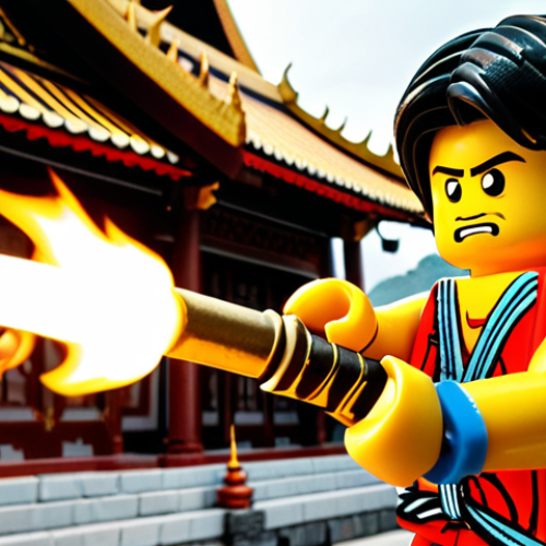 ** A close-up of Kai learning to control his fire, surrounded by ancient Thai-style temples, blending Ninjago and Thai art elements. The Golden Sword of Fire is prominently displayed.

**