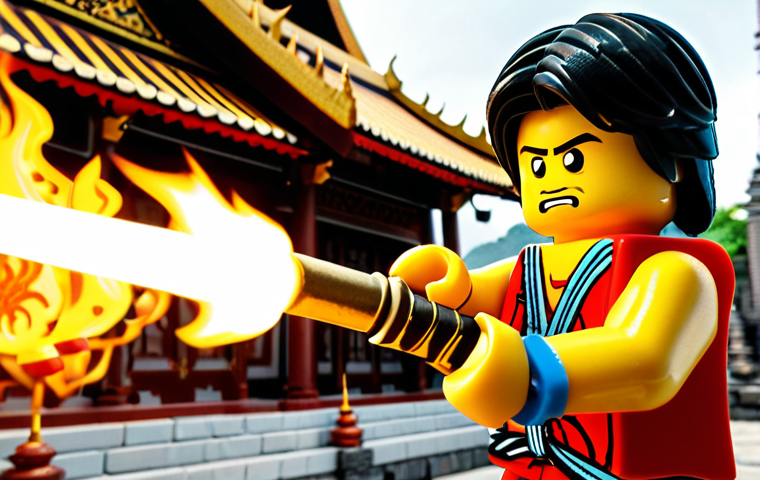 ** A close-up of Kai learning to control his fire, surrounded by ancient Thai-style temples, blending Ninjago and Thai art elements. The Golden Sword of Fire is prominently displayed.

**