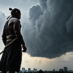 ** A lone ninja stands silhouetted against a stormy sky, contemplating a difficult decision. Focus on the internal conflict and the weight of responsibility on their shoulders. The setting should evoke a sense of ancient Thailand.

**