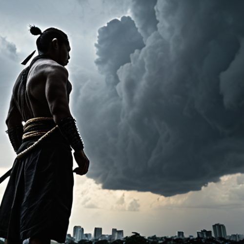 ** A lone ninja stands silhouetted against a stormy sky, contemplating a difficult decision. Focus on the internal conflict and the weight of responsibility on their shoulders. The setting should evoke a sense of ancient Thailand.

**