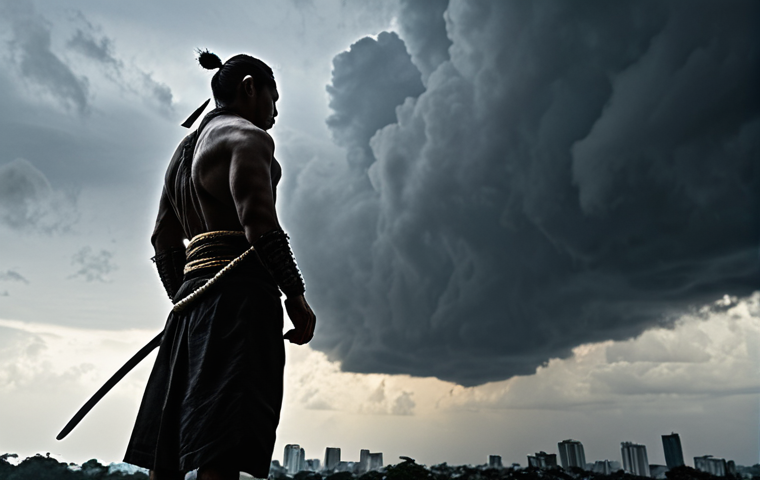 ** A lone ninja stands silhouetted against a stormy sky, contemplating a difficult decision. Focus on the internal conflict and the weight of responsibility on their shoulders. The setting should evoke a sense of ancient Thailand.

**