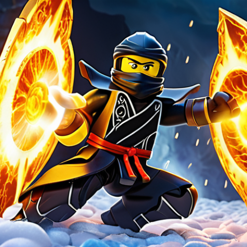 A dynamic, action-packed scene of the Ninjago Ninja team in mid-battle. Kai is engulfed in a powerful, swirling fiery Spinjitzu tornado, radiating intense heat. Jay zips through the air with electrifying speed using Airjitzu, leaving a trail of vibrant lightning. Cole stands firm like an immovable mountain, raising a protective earth shield. Zane, serene and precise, unleashes a torrent of chilling ice blasts. Lloyd, the Golden Ninja, emanates a powerful, golden energy aura, leading the charge. The image should highlight their distinct elemental powers, fluid movement, and the sheer energy of their combined efforts in a high-stakes moment, with a sense of heroism and teamwork.