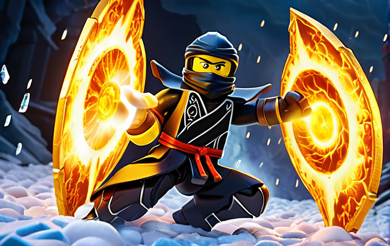 A dynamic, action-packed scene of the Ninjago Ninja team in mid-battle. Kai is engulfed in a powerful, swirling fiery Spinjitzu tornado, radiating intense heat. Jay zips through the air with electrifying speed using Airjitzu, leaving a trail of vibrant lightning. Cole stands firm like an immovable mountain, raising a protective earth shield. Zane, serene and precise, unleashes a torrent of chilling ice blasts. Lloyd, the Golden Ninja, emanates a powerful, golden energy aura, leading the charge. The image should highlight their distinct elemental powers, fluid movement, and the sheer energy of their combined efforts in a high-stakes moment, with a sense of heroism and teamwork.